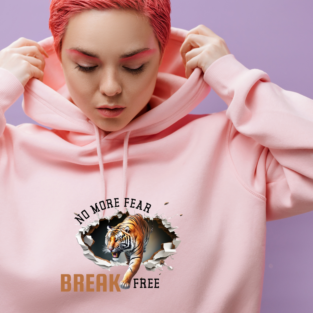Break Free Hoodie: Bold Tiger Graphic & Motivational Comfort